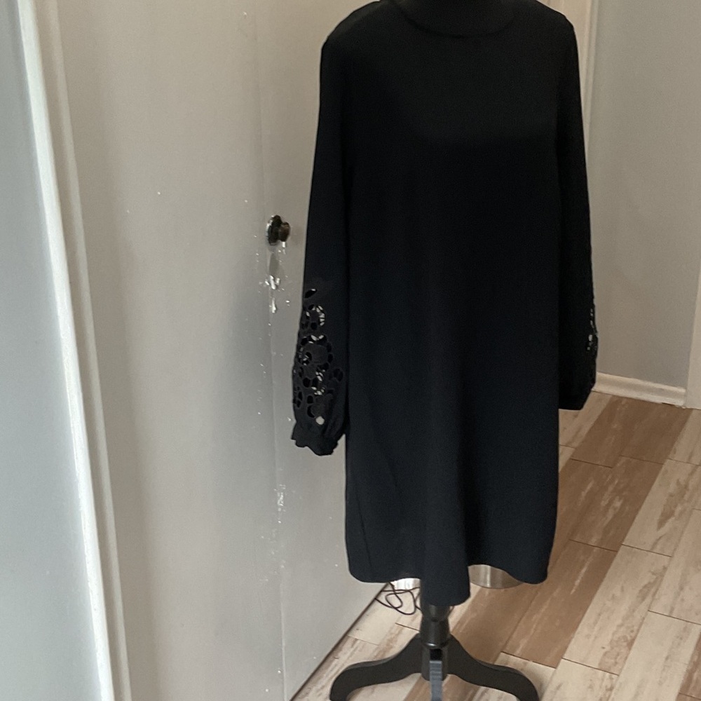 P438. H&M Elegant Black Dress with Cutwork-Embroidered Sleeves